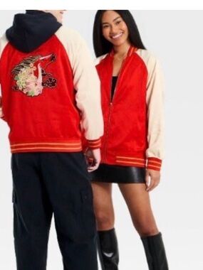 Lunar new Year Red and Cream Embroidered Satin Bomber Jacket